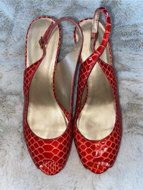 Stuart Weitzman Red Snakeskin Slingback Peep-Toe Heels